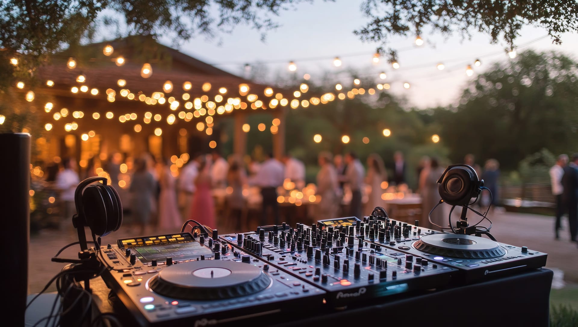 DJ equipment setup at an outdoor event venue with festoon lighting and guests