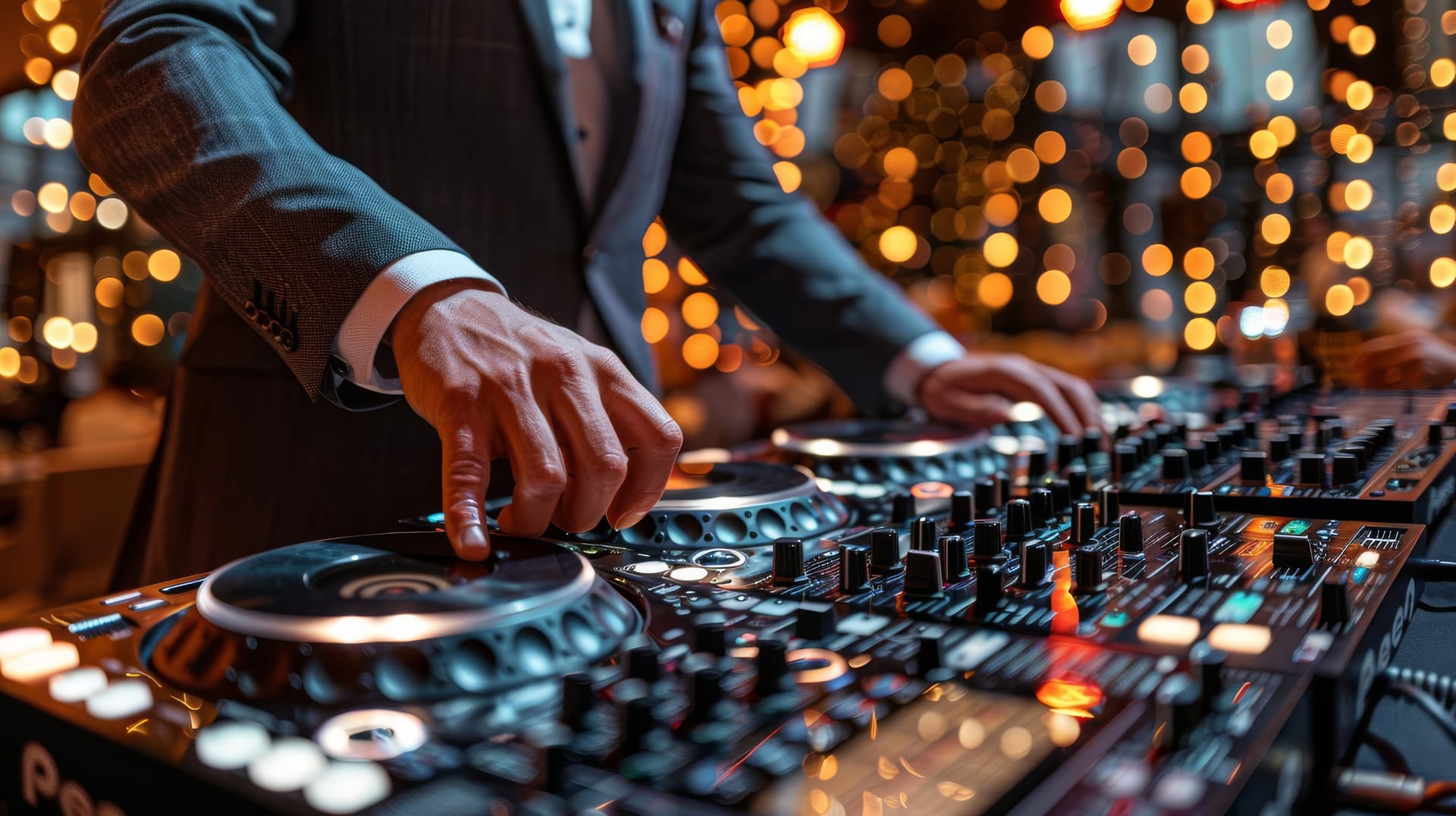 Professional DJ mixing at the decks with warm bokeh lighting