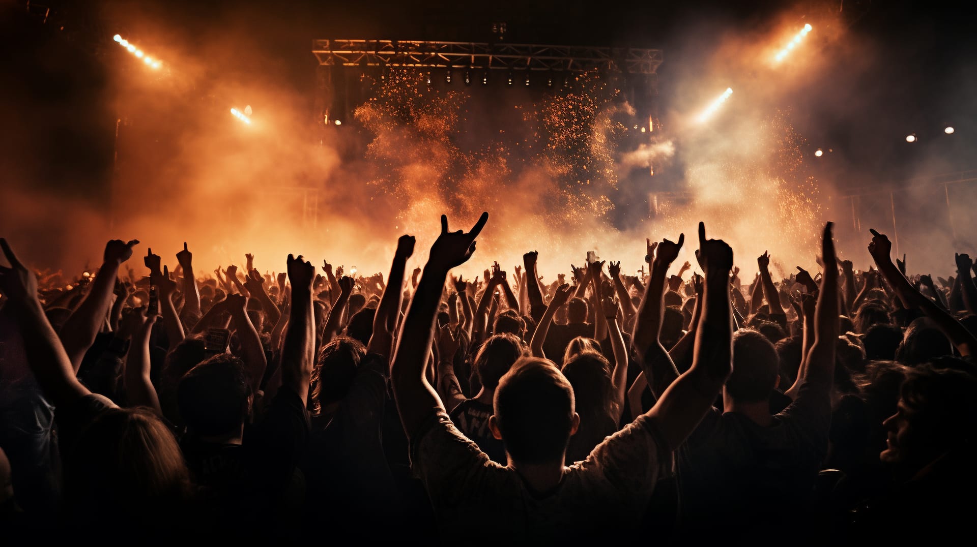Energetic crowd with hands raised at a live event with stage lighting